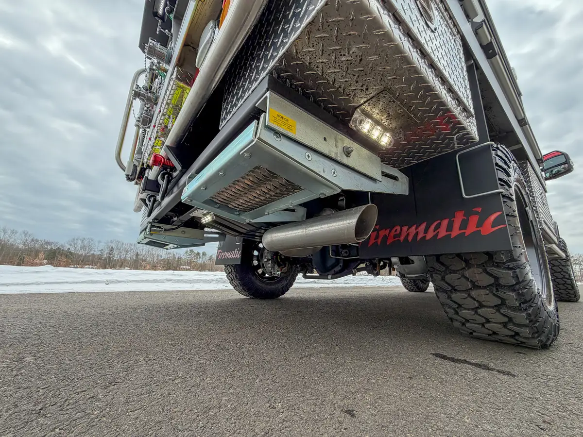 Rear underbody angle with suspension links and frame rails.